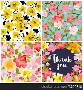 Set of floral backgrounds. Seamless floral pattern with yellow, red, pink hand drawn flowers. Thank you lettering in floral background. Spring and summer flowers. Sakura blossoms. Vector illustration.. Set of floral backgrounds. Vector illustration.