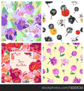 Set of floral backgrounds. Seamless floral pattern with yellow, red, pink hand drawn flowers. Spring and summer flowers. Vector illustration.. Set of floral backgrounds. Seamless floral pattern. Vector.