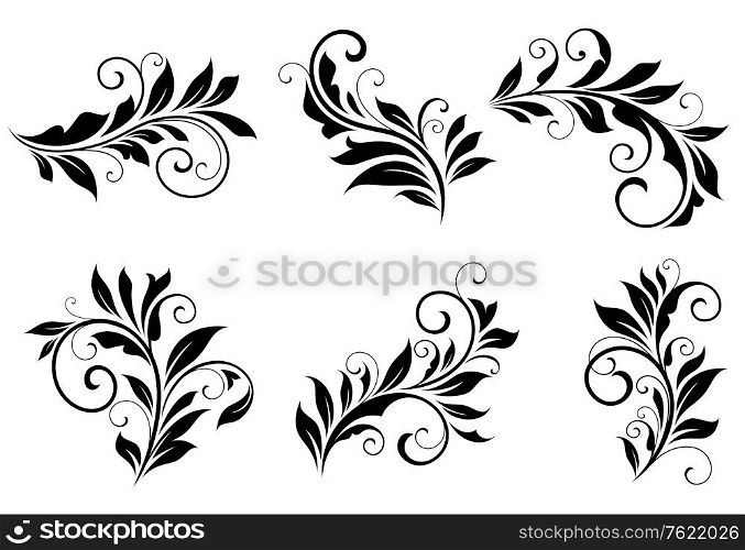 Set of floral design elements in retro style isolated on white background