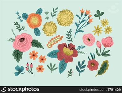 Set of floral design elements. Leaves, flowers, grass branches berries Vector illustration. Set of floral design elements. Vector illustration.