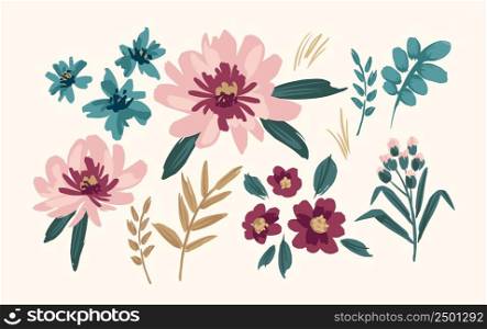 Set of floral design elements. Leaves, flowers, grass, branches Vector illustration. Set of floral design elements. Leaves, flowers, grass, branches. Vector