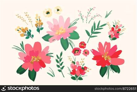 Set of floral design elements. Leaves, flowers, grass, branches Vector illustration. Set of floral design elements. Leaves, flowers, grass, branches Vector