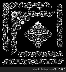 Set of floral design elements on the black background