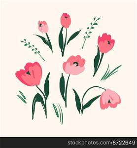 Set of floral design elements. Tulpis, grass, branches Vector illustration. Set of floral design elements. Tulpis, grass, branches. Vector