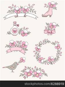 Set of floral doodle design elements with pink orchids