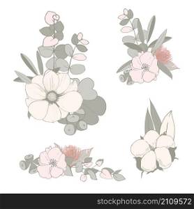 Set of floral elements. Pink flowers with eucalyptus leaves. Vector illustration