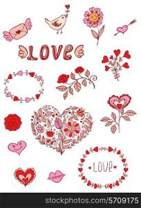 Set of floral romantic doodle elements for design