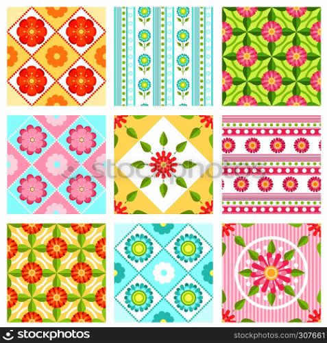 Set of floral seamless pattern with different flowers and leaves. Vector backgrounds in flat style. Background seamless flowers, illustration of floral flower pattern collection. Set of floral seamless pattern with different flowers and leaves. Vector backgrounds in flat style