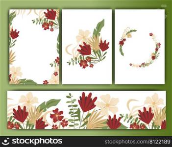 Set of floral vector backgrounds and frames, vintage trendy style. Vector templates of cards and wreaths, borders for design , wedding invitations, banners, posters and packages 
