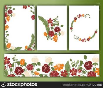 Set of floral vector backgrounds and frames, vintage trendy style. Vector templates of cards and wreaths, borders for design , wedding invitations, banners, posters and packages 