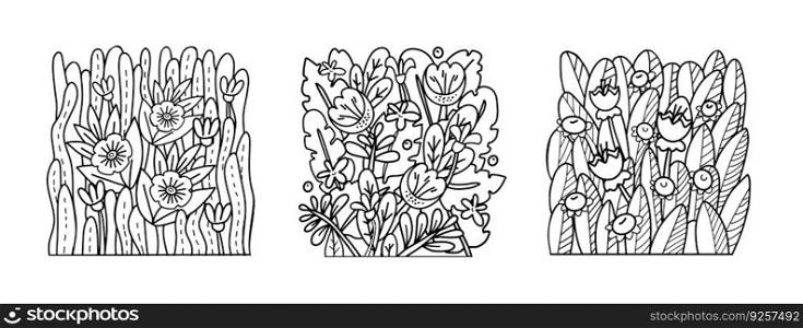 Set of flower composition outline contour graphics for wall decoration, t-shirts, banner design