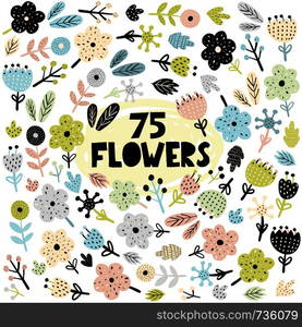 Set of flowers and plants in scandinavian style. Cute spring and nature elements for greeting cards, prints. Vector illustration