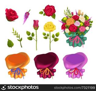 Set of flowers and wrapping of different color and ribbons, bouquet made of roses and delphiniums, vector illustration isolated on white background. Set of Flowers and Wrapping Vector Illustration