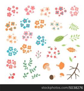 Set of flowers, leaves, berries drawn in a simple cartoon style.. Set of flowers, leaves, berries drawn in a simple cartoon style. Vector illustration