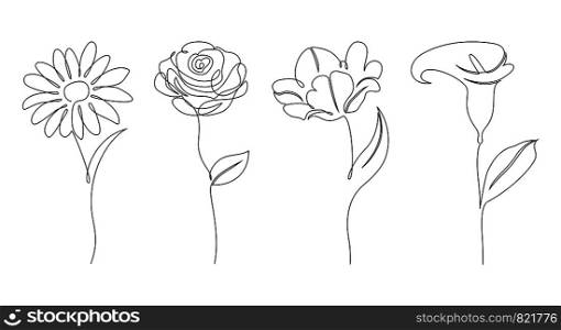 Set of flowers on white background. One line drawing style.