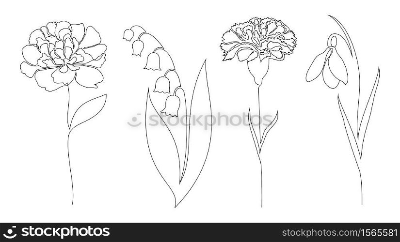 Set of flowers on white background. One line drawing style.. Set of flowers