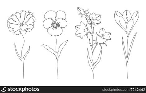 Set of flowers on white background. One line drawing style.. Set of flowers