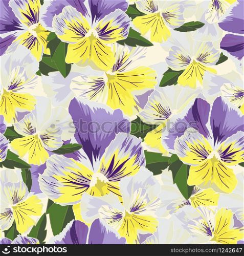 Set of flowers pansies with leafs in realistic hand-drawn style Vector illustration.. Set of flowers pansies with leafs in realistic hand-drawn style