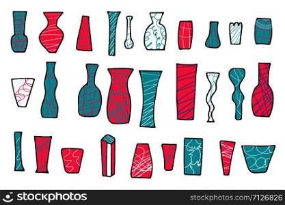 Set of flowers vases in doodle style. Vector illustration.