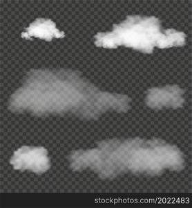 Set of fluffy cloud on transparent background. Vector of White cloudiness,fog or smoke on dark checkered background.Design elements of Cloudy sky or smog