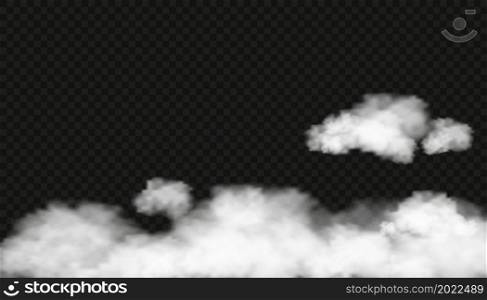 Set of fluffy cloud on transparent background. Vector of White cloudiness,fog or smoke on dark checkered background.Design elements of Cloudy sky or smog