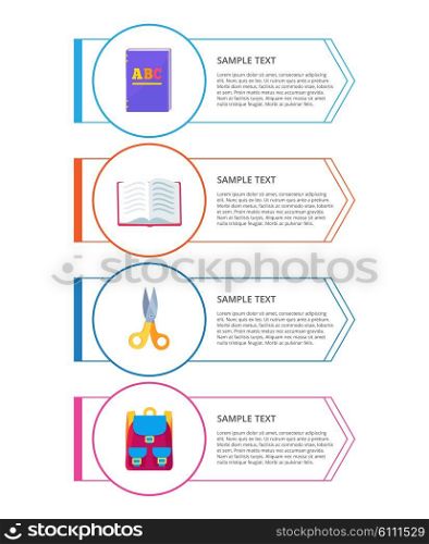 Set of Flyers Different Objects in Circles Vector. Set of flyers with different objects in circles vector columns in shape of arrows, stationery objects of textbook, open book, scissors and rucksack