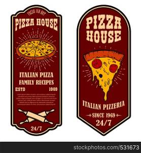 Set of flyers of pizzeria. Design elements for logo, label, sign, badge, poster. Vector image