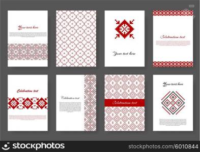Set of flyers. Set of ethnic flyers in pixel style with in red color