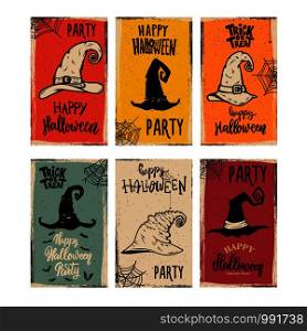 Set of Flyers template of Halloween party. Witch hat on grunge background. Design element for poster, card, banner. Vector illustration