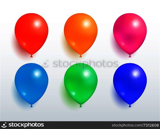 Set of flying balloons of red orange pink blue green color realistic design vector isolated on white. Balloon festive party decorative elements. Set of Flying Balloons Red Orange Pink Blue Green