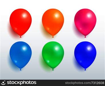 Set of flying balloons of red orange pink blue green color realistic design vector isolated on white. Balloon festive party decorative elements. Set of Flying Balloons Red Orange Pink Blue Green