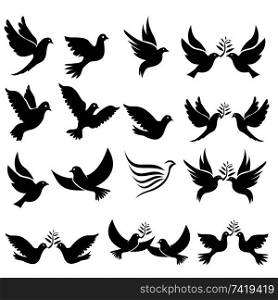 Set of flying birds sign isolated on white.