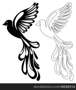 Set of flying vector stylized birds isolated from background. Contour and black silhouette doves. A monochrome collection symbol of freedom. Design element for icons, sublimation and your creativity. Set of flying vector stylized birds isolated from background. Contour and black silhouette doves. A monochrome collection