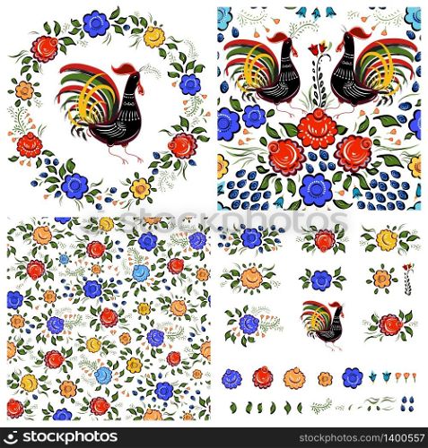 Set of folk backgrounds.Colorful flowers and leafs with cocks on white background. Vector illustration.. Set of folk backgrounds.Colorful flowers and leafs with cocks on