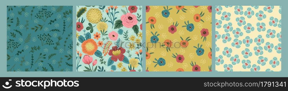 Set of Folk floral seamless patterns. Modern abstract design for paper, cover, fabric, pacing and other users. Set of Folk floral seamless patterns. Modern abstract design
