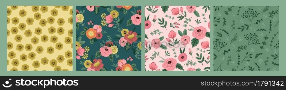 Set of Folk floral seamless patterns. Modern abstract design for paper, cover, fabric, pacing and other users. Set of Folk floral seamless patterns. Modern abstract design