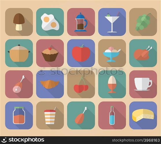 Set of food and drinks icons. Modern flat style with a long shadow.. Set of food and drinks icons.