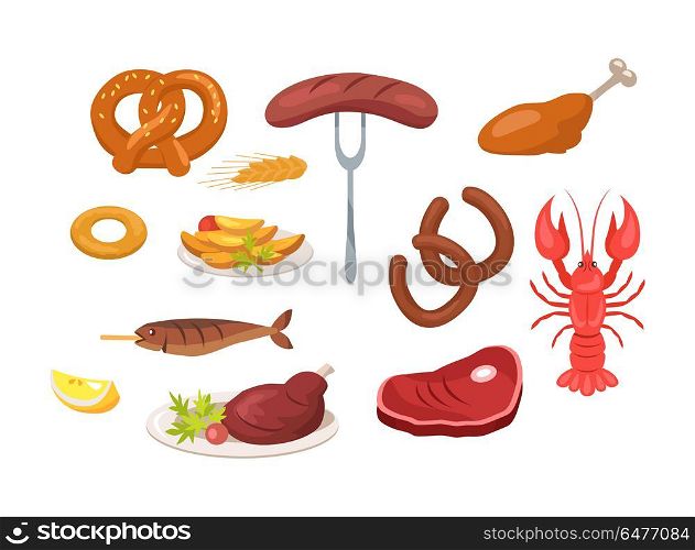 Set of Food and Snack Icons Vector Illustration. Set of food and snack icons such as sausages and chicken, crayfish and fish, potatoes and ham vector illustrations isolated on white background.