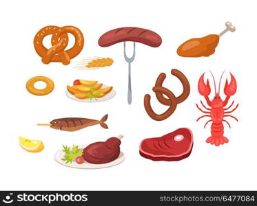 Set of Food and Snack Icons Vector Illustration. Set of food and snack icons such as sausages and chicken, crayfish and fish, potatoes and ham vector illustrations isolated on white background.