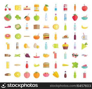 Set of food concepts. Fruits, vegetables, meat, sweets, beverages, bread, pizza salads sandwich honey egg sauce milk products for farm, grocery shop food delivery, cafe icon, menu illustrating.. Big Collection of Food Concepts in Flat Design.