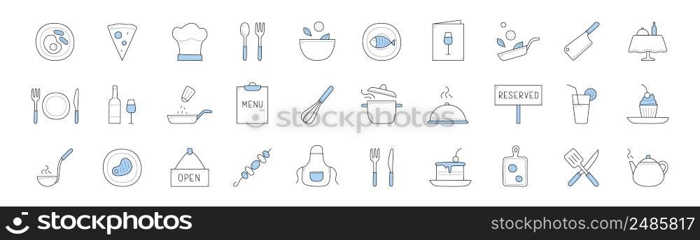 Set of food cooking and chef restaurant doodle icons. Apron, kebab, reserved or open banners, cake, teapot, fork with knife, cutting board, dish, fish on plate, pizza menu elements Linear vector signs. Set food cooking and chef restaurant doodle icons