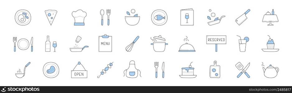 Set of food cooking and chef restaurant doodle icons. Apron, kebab, reserved or open banners, cake, teapot, fork with knife, cutting board, dish, fish on plate, pizza menu elements Linear vector signs. Set food cooking and chef restaurant doodle icons