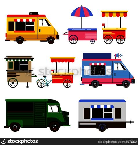 Set of food trucks and bicycles for commercial use. Vector illustration set. Truck transport delivery food. Set of food trucks and bicycles for commercial use. Vector illustration set