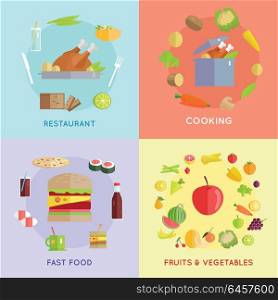 Set of food vector concept in flat style. Collection of fast food, cooking, fruits vegetables, restaurant vector concepts. Illustrations for cafe, grocery, farm, food delivery services ad, menu.. Set of Food Vector Concepts Illustration.