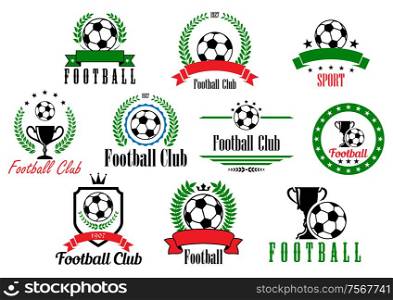 Set of football club badges and emblems with various text in wreaths and frames decorated with soccer or footballs, trophies and ribbon banners, vector illustration isolated on white
