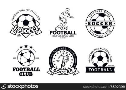 Set of football club graphic icons flat design on white background. Black and whitey hand drawn patterns with round ball or soccer player. Vector illustration in cartoon style of sport team game logos. Set of Football Club Graphic Icons Flat Design
