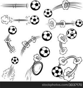 Set of football, soccer balls with motion trails in comic style. Design element for poster, banner, flyer, card. Vector illustration. Set of football, soccer balls with motion trails in comic style. Design element for poster, banner, flyer, card.