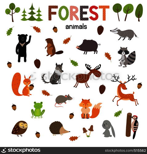 Set of forest animals made in flat style vector. Zoo cartoon collection for children books and posters.