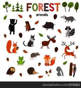 Set of forest animals made in flat style vector. Zoo cartoon collection for children books and posters.