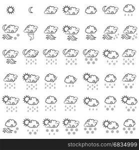 Set of forty two forecast weather simple icons isolated on the white background, black outline vector collection